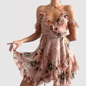 Current Mood Floral Asymmetrical Dress in Pink and Green